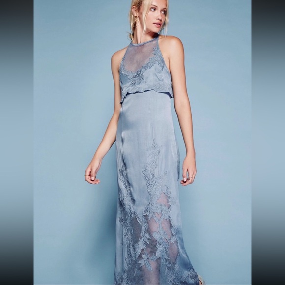 Free People Moon Child Embroidered Maxi Dress Blue Mesh Trim- Size 0 - Picture 3 of 14